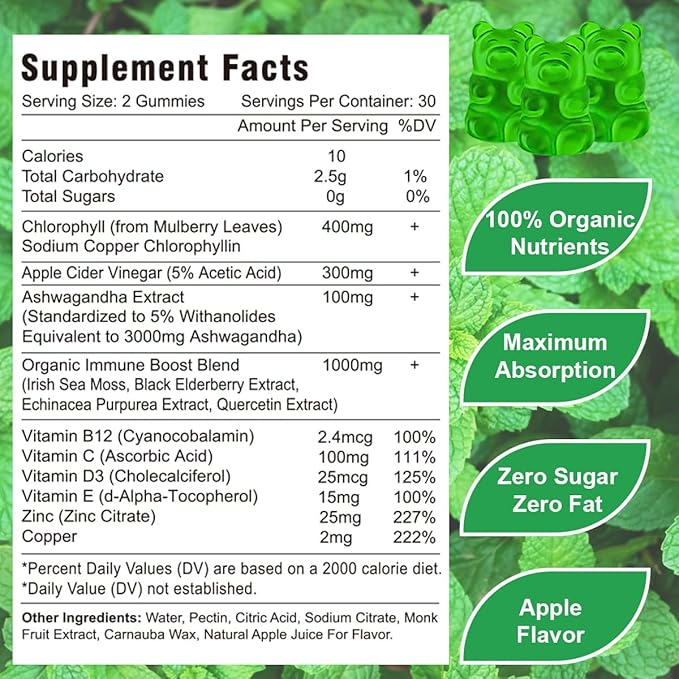 Chlorophyll Gummies - Super Green 13 in 1 with Ashwagandha Vitamin C Zinc &amp Copper for Body Odor Skin Energy Immune Support Deodorant for Women - 120 Count