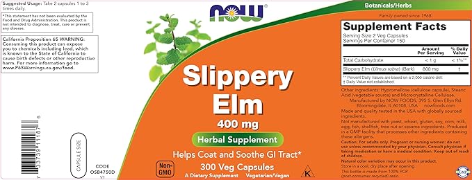 Now Slippery Elm 400 mg 300 Vegetarian Capsules (Pack of 2)