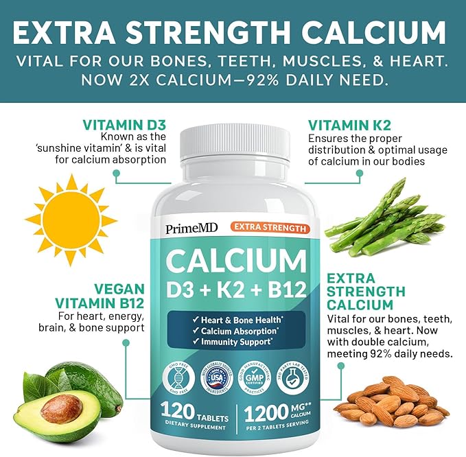 4-in-1 Calcium 1200 mg with Vitamin D3 K2 - Extra Strength Calcium Supplements for Women &amp Men with D3 K2 Vitamin 5000 IU - Everyday Vitality Supplement - Vegan-Friendly Gluten-Free Non-GMO (120