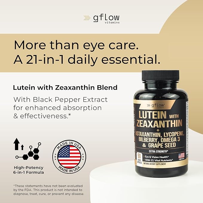 gflow vitamins Lutein and Zeaxanthin Supplements - Advanced Eye Vitamins with Astaxanthin Omega 3 Resveratrol Bilberry Lycopene Quercetin Ginkgo Biloba Vitamin D | Health Vision | Made in USA