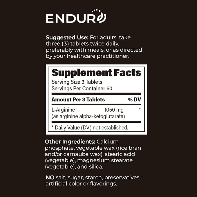 Endurance Products ENDUR - L-Arginine - 350 mg - Blood Flow &amp Heart Function Support - High-Potency - Supports Nitric Oxide Production for Overall Blood Flow &amp Vascular Health - 180 Tablets
