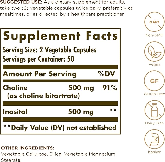 Solgar Choline/Inositol 500 mg/500 mg 100 Vegetable Capsules (Pack of 2) - Energy Metabolism Liver Health Essential for Brain &amp Nerve Function - Non-GMO Vegan Kosher - 100 Total Servings