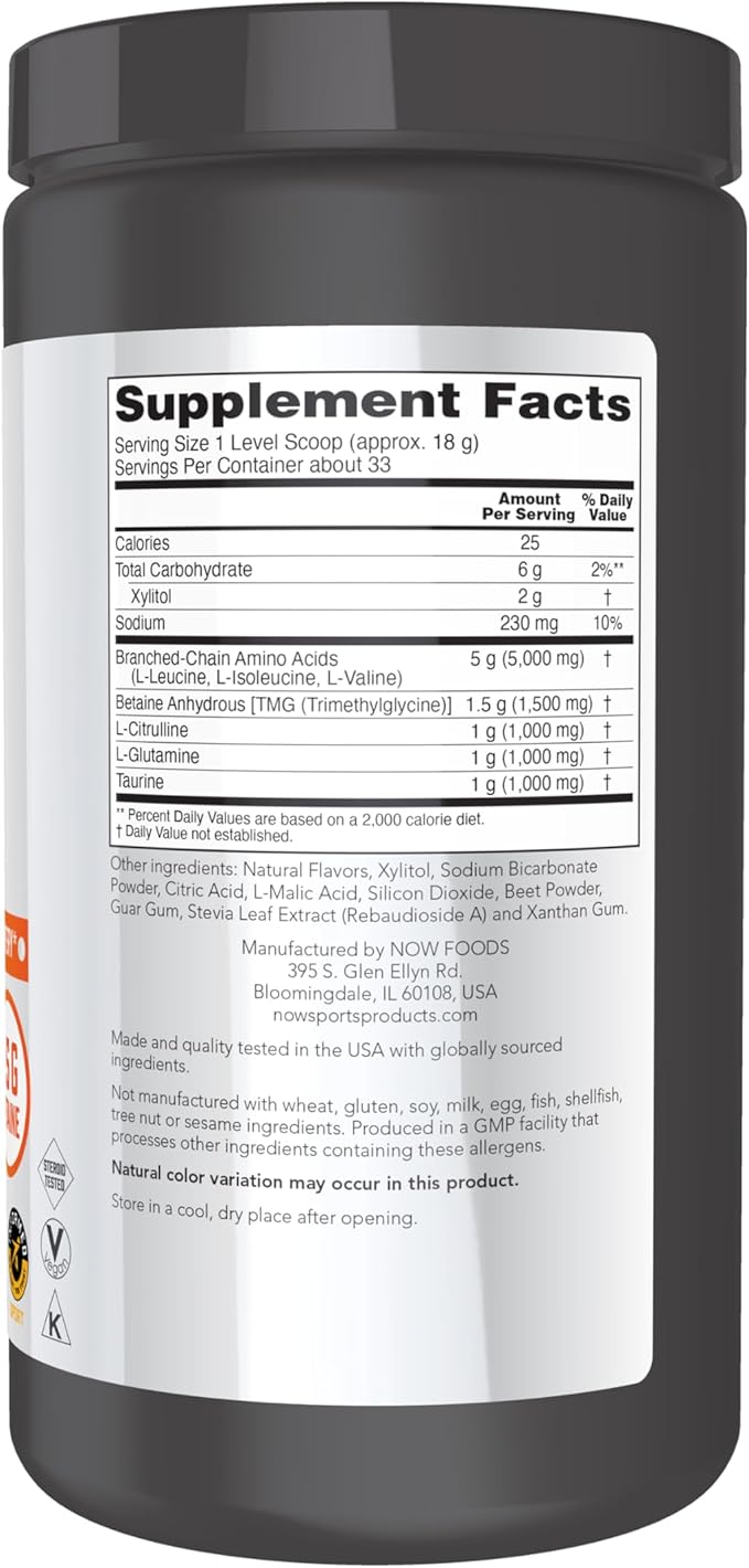 NOW Foods Sports Nutrition BCAA (Branched Chain Amino Acids) Big 6 Watermelon Flavor 600 Grams