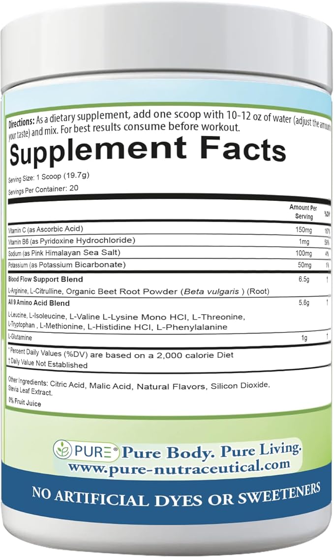 PURE® Amino+ Essential Amino Acids Powder - 30 Servings 500g - Full Spectrum EAA with L-Arginine L-Citrulline &amp Beet Root - Muscle Recovery &amp Hydration Drink - Fruit Punch Flavor Made in US
