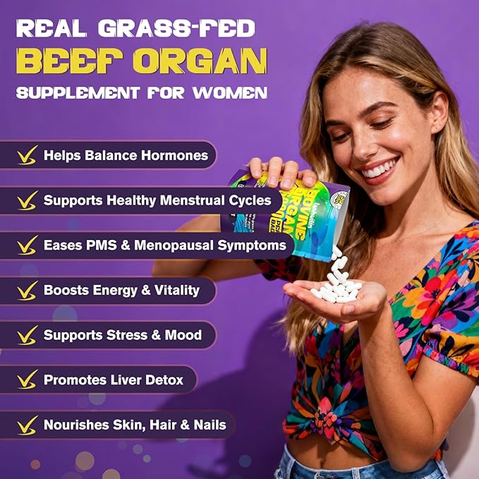 Beef Organ Supplement for Women - 100% Grass Fed Beef Organs with Bovine Liver Ovary Uterus Kidney Heart &amp Fallopian Tubes - PMS Menopause &amp Energy Immune &amp Mood Support 120 Count