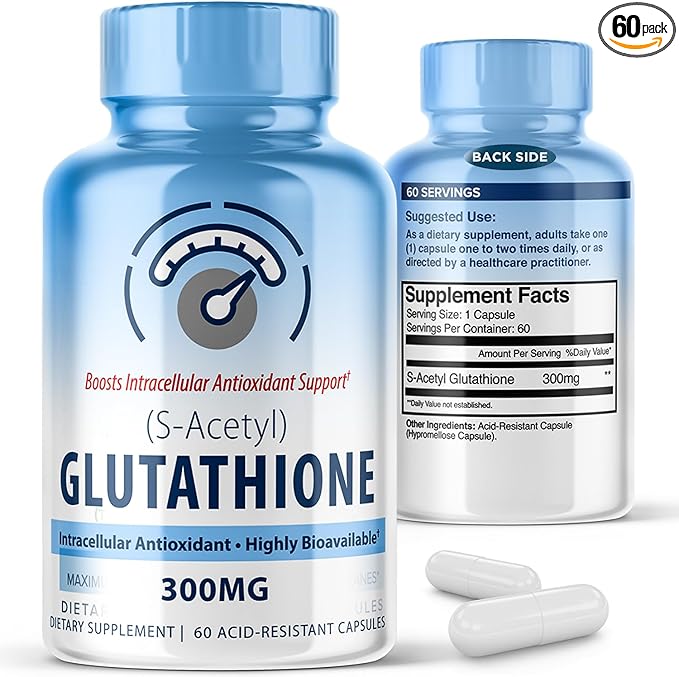 S-Acetyl L-Glutathione 300mg - 60 Acid-Resistant Capsules High Bioavailability S Acetyl Glutathione Supplement for Cellular Wellness &amp Skin Support Pure L-Glutathione Antioxidant Support Capsule