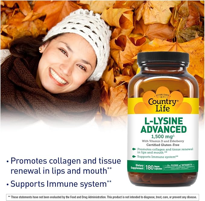 Country Life L-Lysine 1500mg Capsules with Vitamin D &amp Elderberry – Advanced Immune Support and Collagen Renewal – Certified Gluten-Free &amp Vegan – 180 Capsules