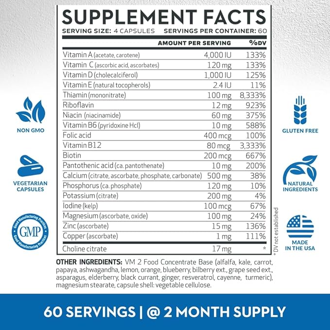Vitaminerals 2BG+™ B Complex Immune Support High Potency B Complex | Fruits &amp Veggies Blend | 240 Veggie Caps