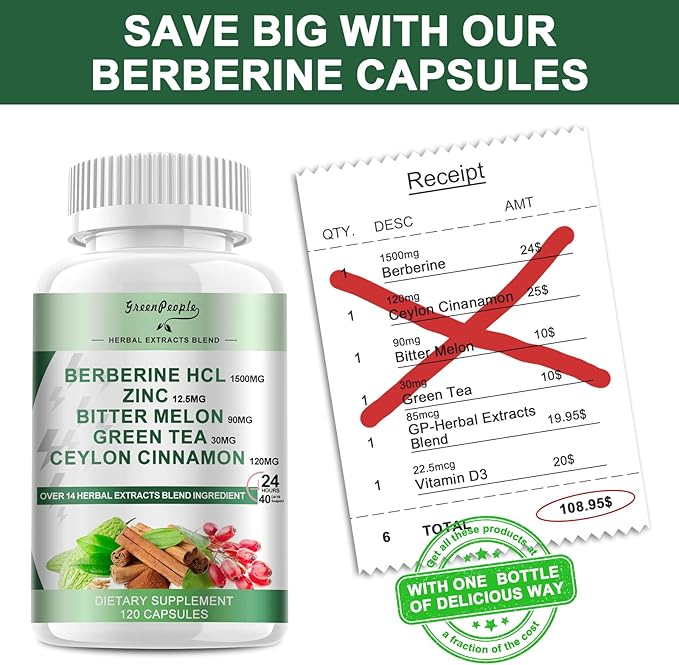 GREENPEOPLE Berberine Supplement with Ceylon Cinnamon - 120 Count Berberine 1500mg Berberine HCL Capsules with Bitter Melon/Artichoke Extracts &amp Natural Herbs for Immune Support 2 Pack