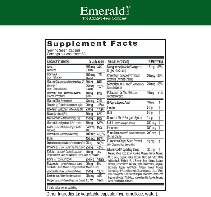 EMERALD LABS Men's 1 Daily Multi - Additive-Free Men's Multivitamin - Includes Lycopene Zinc Vitamin D3 &amp More - Supports Bones Prostate &amp Vision* - 60 Vegetable Capsules