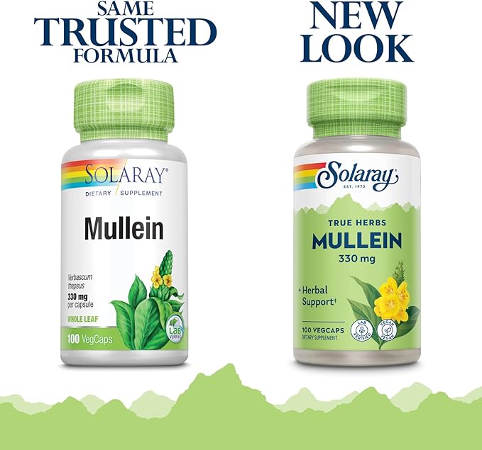 SOLARAY Mullein Leaf Herbal Support for Healthy Respiratory and Bronchial Function 330mg Vegan 100 Servings 100 VegCaps (Pack of 2)