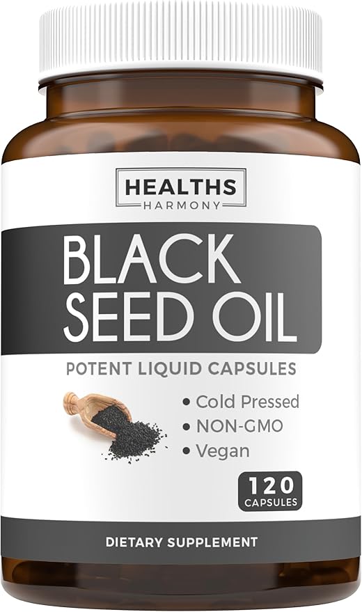 Black Seed Oil - 120 Softgel Capsules Skin Health (Non-GMO &amp Vegan) Cold-Pressed Nigella Sativa Producing Pure Black Cumin Seed Oil with Vitamin E - 500mg Each 1000mg Per 2 Capsule Serving
