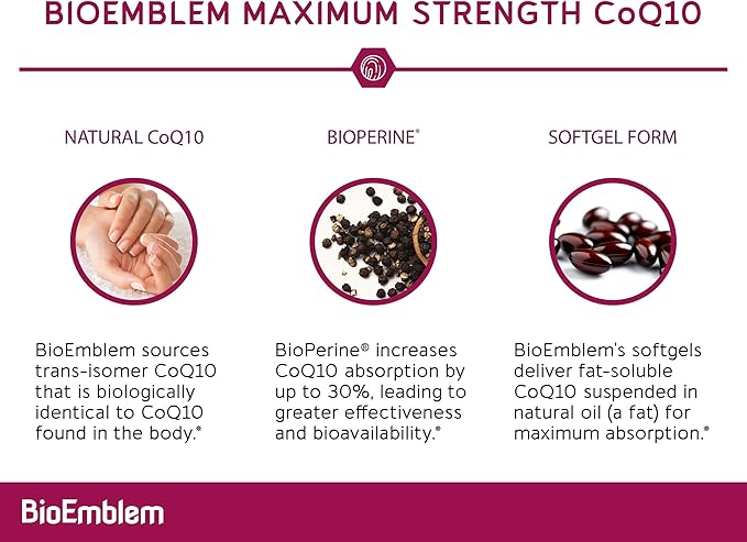 BioEmblem CoQ10 with BioPerine - 200mg Softgels High Absorption - Coenzyme Q10 Antioxidant for Energy Production Heart Health - Natural Form Non-GMO CoQ10 Supplement - 90 Count