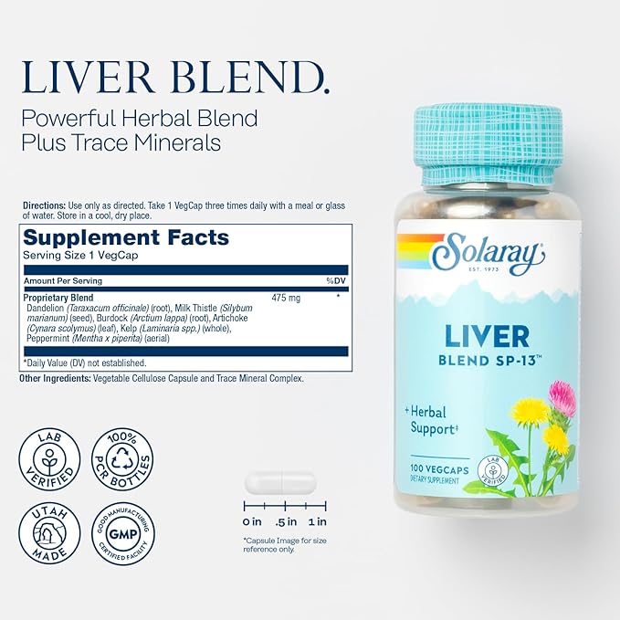 SOLARAY Liver Blend SP-13 and Vegan Betaine HCl with Pepsin - Wellness and Digestive Enzymes Bundle - Herbal Support w/Milk Thistle Dandelion - Betaine Hydrochloride for Gut Health 100/90 VegCaps