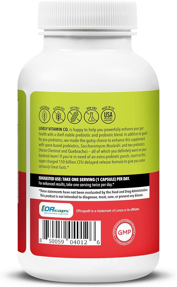LIVELY VITAMIN CO. Great Guts Probiotic - 150 Billion CFU Probiotic - Balance Gut Microbiome GI Tract Inflammation Indigestion Reflux Upset Stomach &amp Diarrhea - 60 Caps
