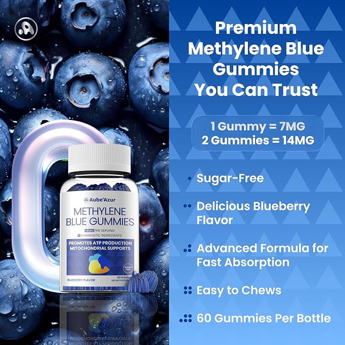 Aube'Azur Methylene Blue Gummies for Humans 14mg Methylene Blue Supplement with L-Theanine NAC Nicotinamide &amp CoQ10 for Men Women Fast-Absorbing Vegan Sugar-Free Blueberry Flavor 60 Count