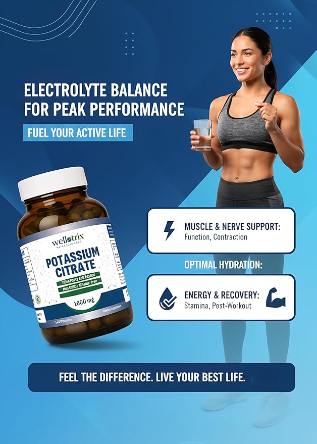 Wellotrix Potassium Citrate 1600 mg – 120 Vegan Capsules – Electrolyte Balance Kidney Support Urinary pH Health – Non-GMO Gluten-Free Made in USA – Vegan Formula