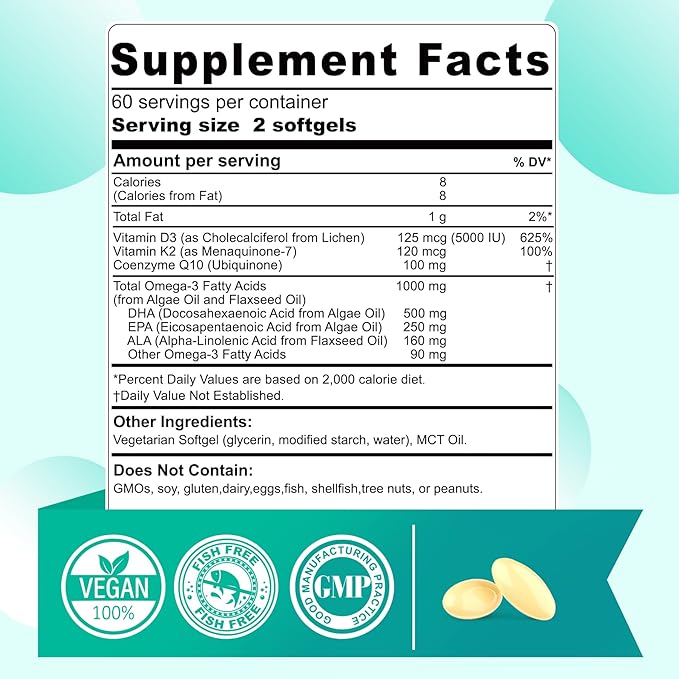 Vegan Omega 3 EPA DHA ALA Supplement + CoQ10 Vitamin D3 K2 (MK7) for Women Men | 1000mg Algae Oil as Fish Oil Alternative | Plant Based Omega 3 Mini Softgels for Bone Brain Eye Skin | 120 Pills