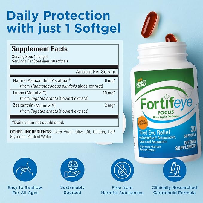 Fortifeye Focus Eye Care Supplement 90 Softgel Capsules - Triple Carotenoid Including Astaxanthin Lutein and Zeaxanthin Supplements Eye Vitamins