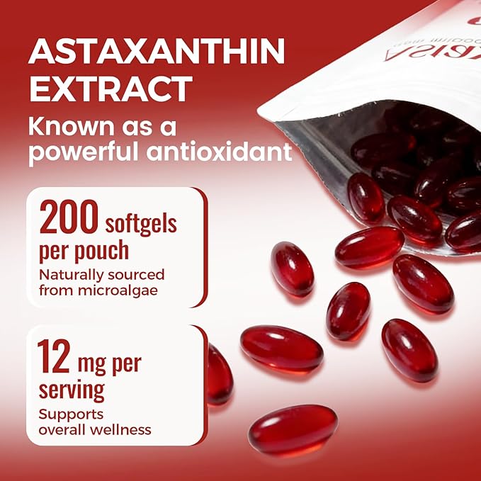 Rovina Astaxanthin 12mg Astaxanthin Antioxidant Supplements for Immune Eye Skin Supports Non-GMO &amp Gluten Free - 200 Softgels