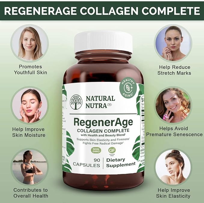 Natural Nutra RegenerAge Complete Supplement for Skin Health with Protein Peptides Reduce Stretch Marks Contributes Overall Health Vitamin C Grape Seed Red Wine Extract Gluten Free 90 Capsules.
