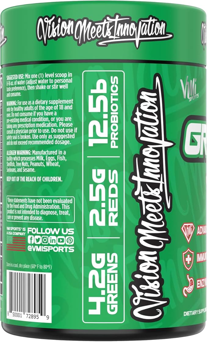 VMI Sports Greens + Reds Advanced Superfood Immunity and Gut Health | Enzymes &amp Probiotics | 30 Servings (Raspberry Lemonade)