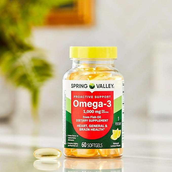 SUREFECT Spring Valley Proactive Support Omega-3 Fish Oil Dietary Supplement Softgels for Heart/General/Brain Health 1000 mg 60 Count Organizer.