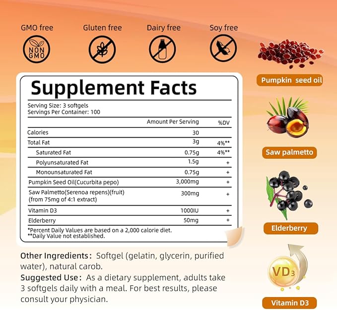 Pumpkin Seed Oil with Saw Palmetto 300 Softgels | 4 in 1 Vitamin D3 &amp Elderberry 3000mg Cold Pressed &amp Pure Virgin Oil | Supports Hair Urinary Bladder &amp Prostate Health Immune | Vegan