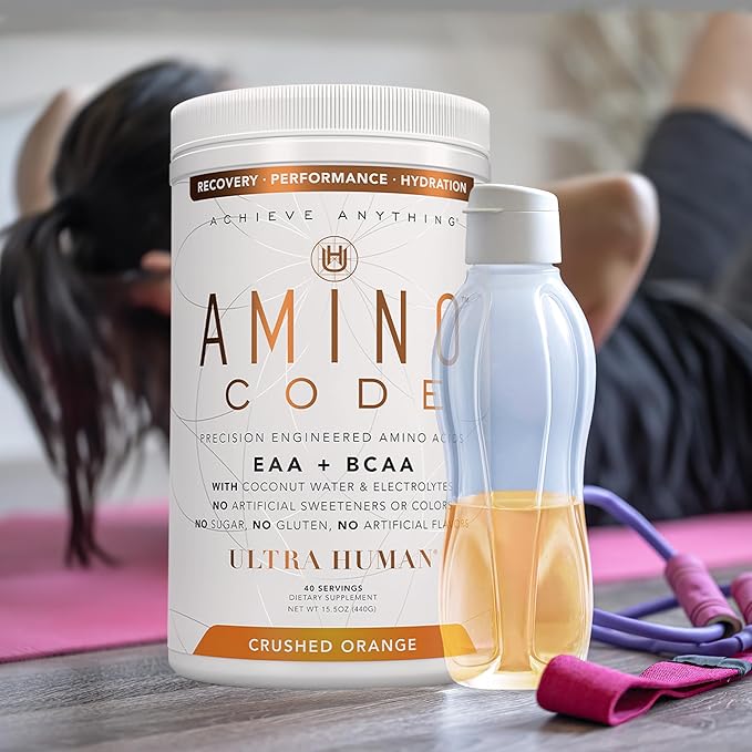 Ultra Human Amino Code | Essential Amino Acids + BCAAs + Coconut Water Electrolytes | Fast Hydration Workout Recovery Flavored Amino Energy Powder Drink | Clean Formula 40 Servings - Crushed Orange