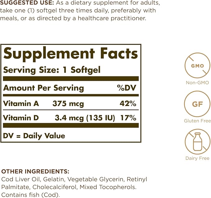 Solgar Cod Liver Oil - 100 Softgels Pack of 2 - Provides Vitamins A &amp D - Non-GMO Gluten Free - 200 Total Servings