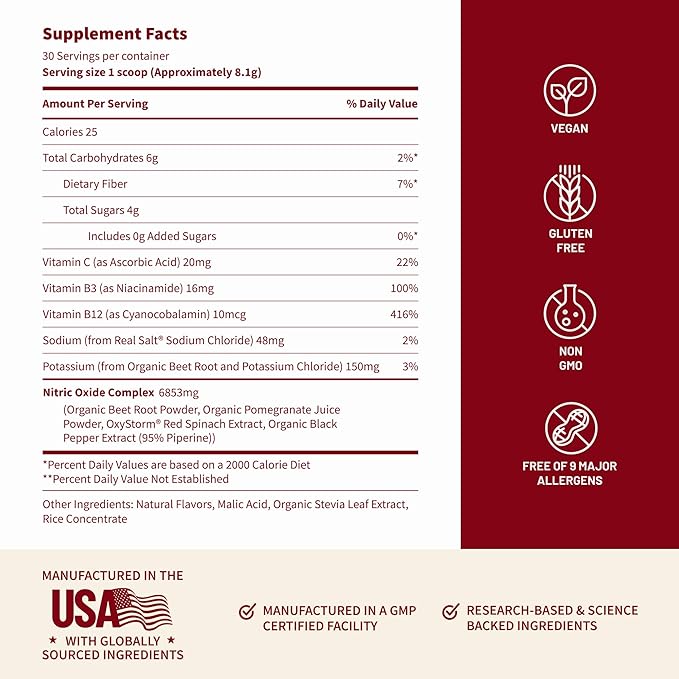 Snap Supplements Organic Beet Root Powder Nitric Oxide Supplement for Men &amp Women Red Spinach &amp Pomegranate Supports Healthy Energy &amp Blood Pressure Already in Normal Range 30 Servings