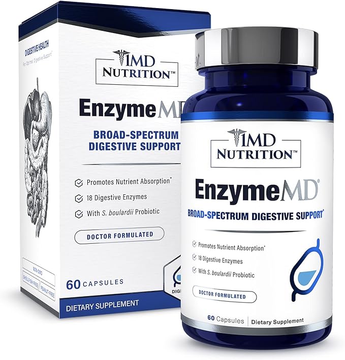 1MD Nutrition EnzymeMD - Digestive Enzymes Supplement - Doctor Formulated | 18 Plant-Based Enzymes - Gas &amp Bloating Support | 60 Capsules