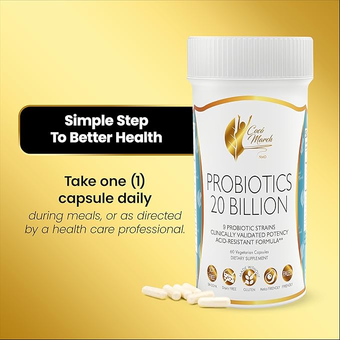 Cocó March N.M.D. Probiotics 20 Billion CFU – Probiotics for Women &amp Men - Gut Health Digestive &amp Immune Support – 9 Probiotic Strains Acid-Resistant Formula - Gluten Free &amp Dairy Free
