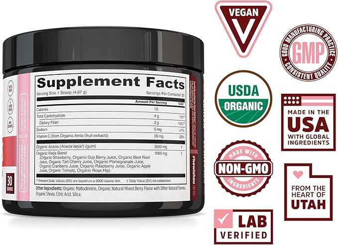 Zhou Organic Reds Powder - Red Powder Superfood with Beetroot Super Fruits Goji Berry &amp Tart Cherry Antioxidant Support for Whole-Body Health - Natural Berry Flavor 4.95 oz (30 Servings)