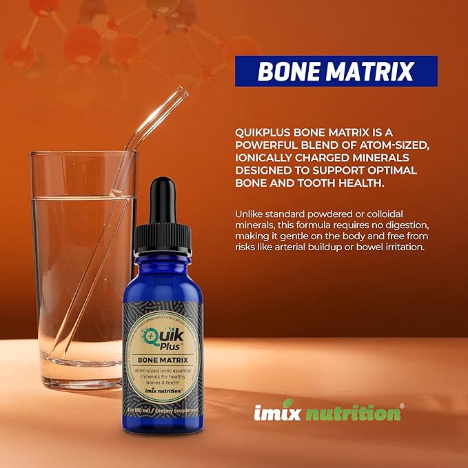 QuikPlus Bone Matrix with Calcium Magnesium Zinc and Potassium - Includes 9 Ionic Liquid Minerals Collagenizer for Bone and Teeth Support Vegan Gluten-Free All Natural (2 Oz)