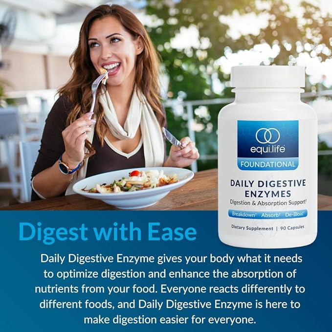Equilife Daily Digestive Enzyme Supplement with Bromelain Lactase and Lipase Supports Digestion of Protein Fiber Carbs and Fats Gluten Free Vegan Non-GMO 90 Capsules