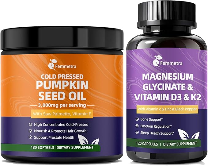 Pumpkin Seed Oil Softgels &amp Magnesium Giycinate with Vitamin D3K2 Supplement for Hair Urinary Health Bone SupportEnergy &amp Mood Manage