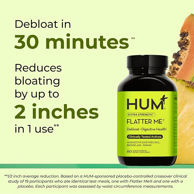 HUM Flatter Me Extra Strength Digestive Enzymes for Women Men Digestive Gut Bloating Supplement Ginger Peppermint Leaf Fast Acting Anti Bloat Pills Multi Enzyme for Debloating 60 Capsules