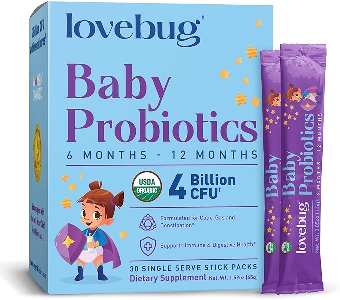 LOVEBUG Probiotics for Babies - Organic Baby Probiotics 6-12 Months for Baby Immune Support Gas Colic Diarrhea &amp Infant Constipation Relief Sugar-Free Tasteless Powder 30 Pack