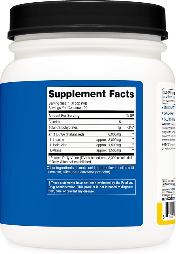 Nutricost BCAA Powder (Pineapple 90 Servings) - Optimal 2:1:1 Ratio