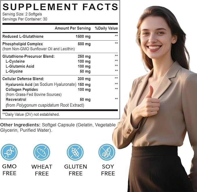 Liposomal Glutathione Softgels Enhanced Absorption - Liposomal Delivery Active Form L-Glutathione Cellular Immune Function &amp Liver Detox Rich in Antioxidant Formula Gluten Free 60 Softgels