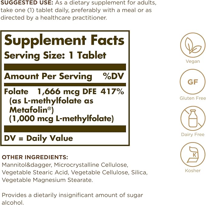 Solgar Folate 1000 mcg - 120 Tablets - 1000 mcg Bio-Active Metafolin - Vegan Gluten Free Dairy Free Kosher - 120 Servings