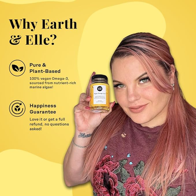 Earth &amp Elle Algae Omega 3 Supplement - Vegan Omega 3 - Omega 3 Vegan Supplement w/Algae Oil &amp Vegan DHA - Helps Support Heart &amp Brain Health 1000 mg Per Serving - No Fishy Aftertaste 60 S