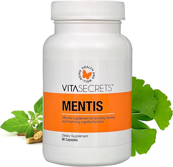 Vitasecrets Mentis Memory &amp Cognition Support Supplement - Concentration Clarity Cognitive Enhancement - Vitamins B6 B12 Ashwaganda Gingko Biloba| Gluten and GMO Free 90 Capsules