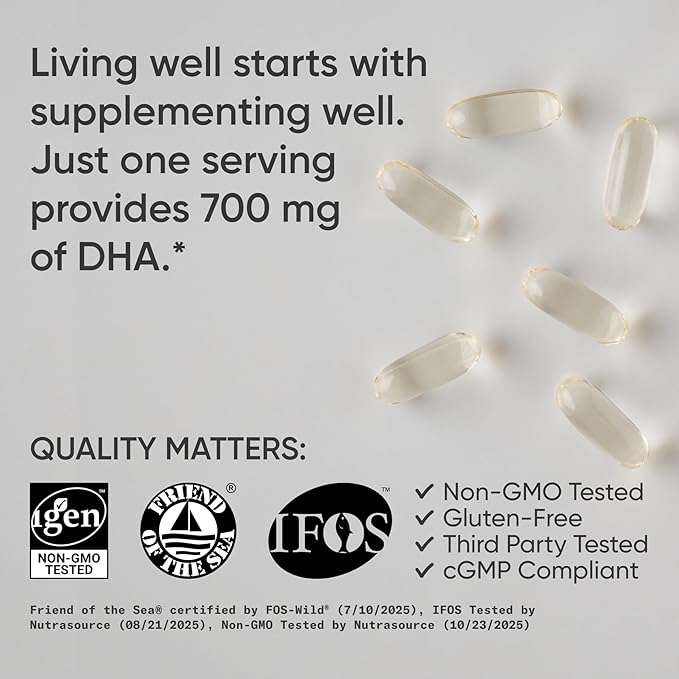 Sports Research® DHA Omega-3 Fish Oil 700mg – Single Source Wild-Caught Fish – Supports Brain Health* – Burpless Non-GMO Gluten-Free Sustainably Sourced – 90 Softgels
