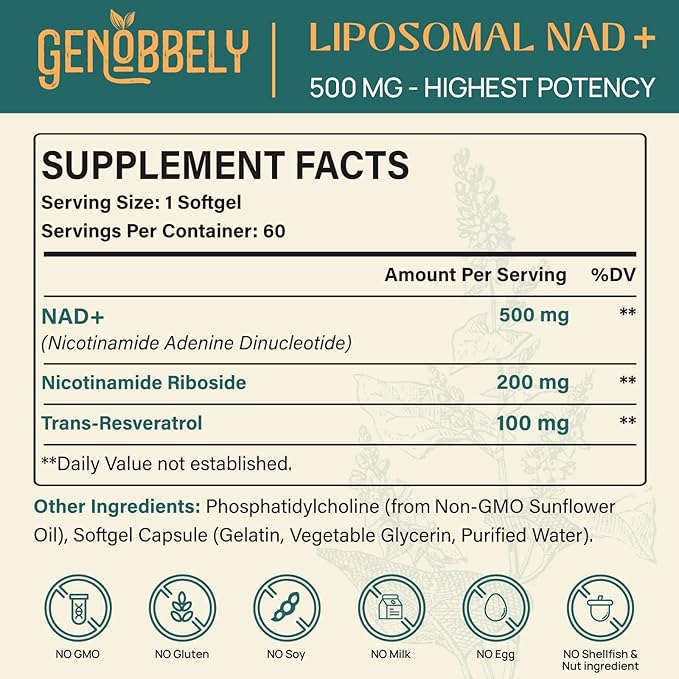 GENOBBELY 800 mg Liposomal NAD+ Supplement with Nicotinamide Riboside 200 mg Trans-Resveratrol 100 mg - True NAD Supplement for DNA Repair Healthy Aging Brain Function - 180-Day Supply