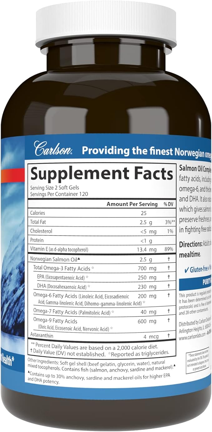 Carlson - Salmon Oil Complete 700 mg Omega-3s + Astaxanthin Cardiovascular Support Brain Function &amp Joint Health Norwegian 240 Softgels