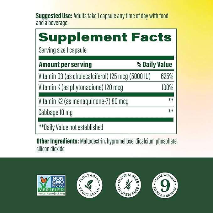 MegaFood Vitamin D3 5000 IU (125 mcg) - Vegetarian Supplements with Vitamin D3 K2 - Supports Bones Teeth Muscles &amp Immune Health - Certified Non-GMO - 120 Mini Capsules 120 Servings