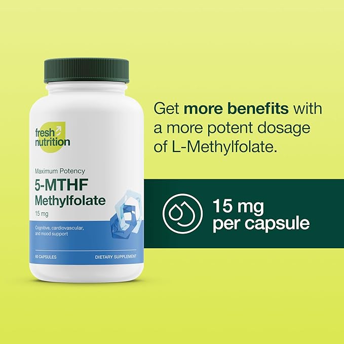 L Methylfolate 15mg - Maximum Potency - Active Vitamin B9 Superior Bioavailability - 5-MTHF Methyl Folate for Mood Cognition Immunity Cardiovascular Neurological Reproductive Health - 60 Capsules