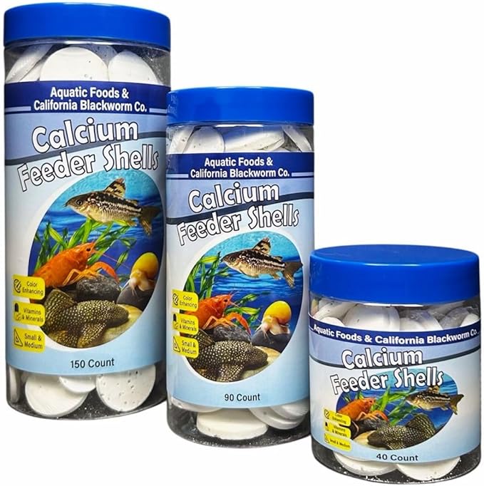 Aquatic Foods Inc. Calcium Feeding Shells Small &amp Medium for Shrimp Snails Crabs Crayfish Plecos Catfish All Tropical Fish 4-Type Wafer &amp 12-Type Pellet Mix Included...90 Count Caniste
